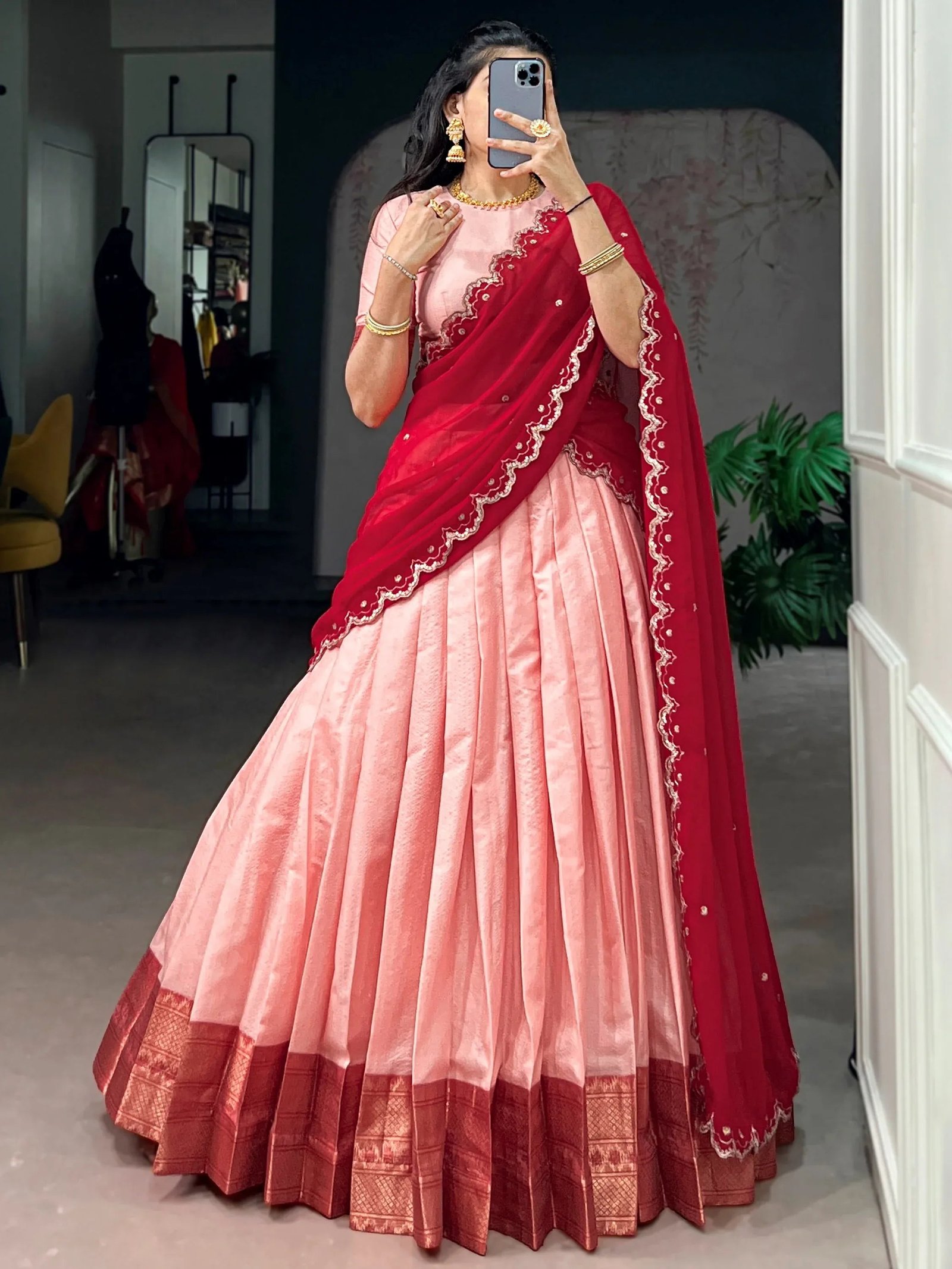Noteworthy Peach Zari Weaving Silk Festive Wear Half Saree Lehenga