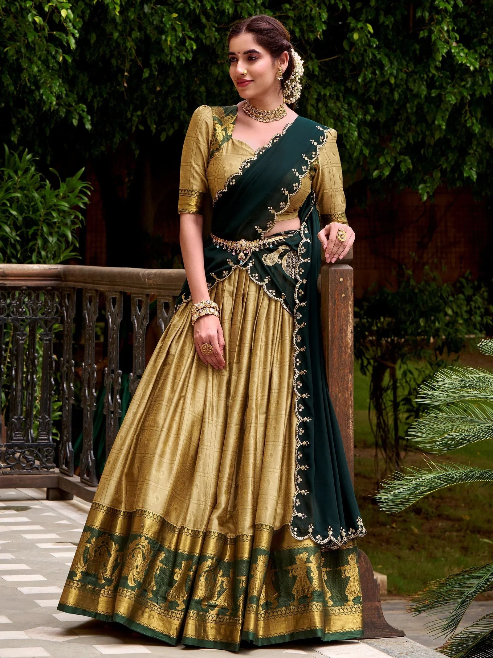Marvelous Cream Zari Weaving Silk Marriage Wear Half Saree Lehenga