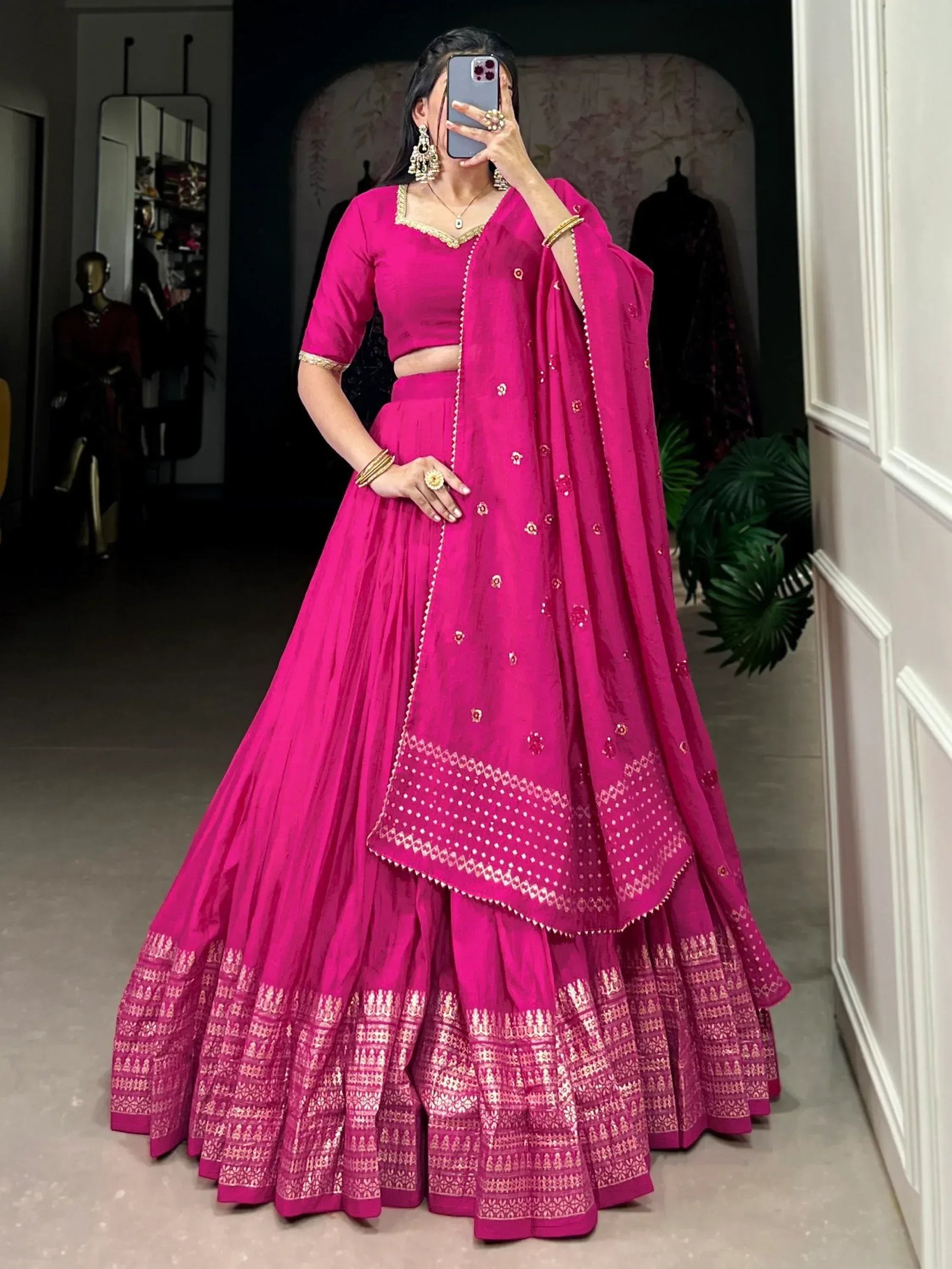 Sophisticated Pink Zari Weaving Border Chanderi Silk Lehenga Choli