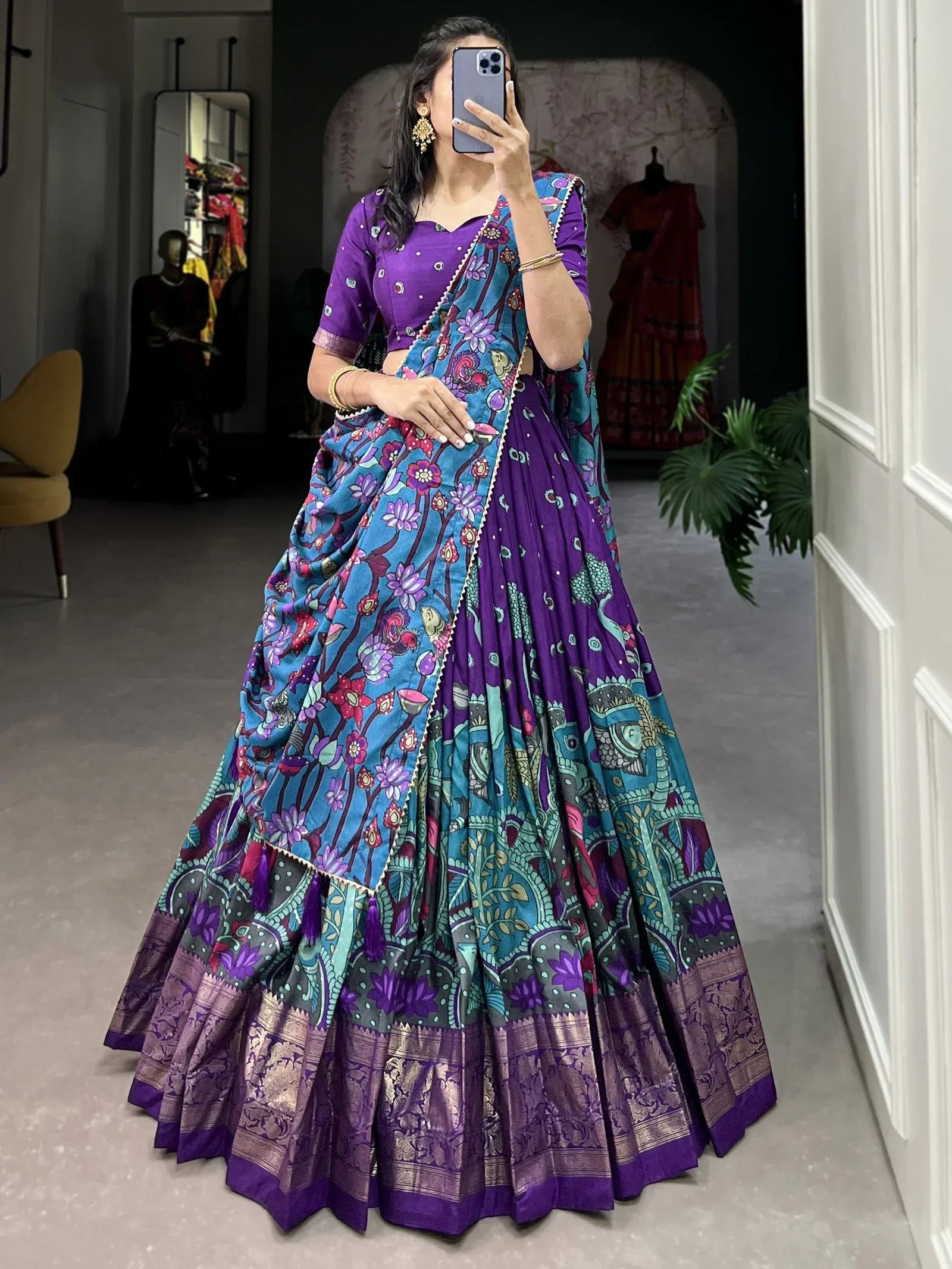 Gorgeous Purple Kalamkari Print Tussar Silk Event Wear Lehenga Choli