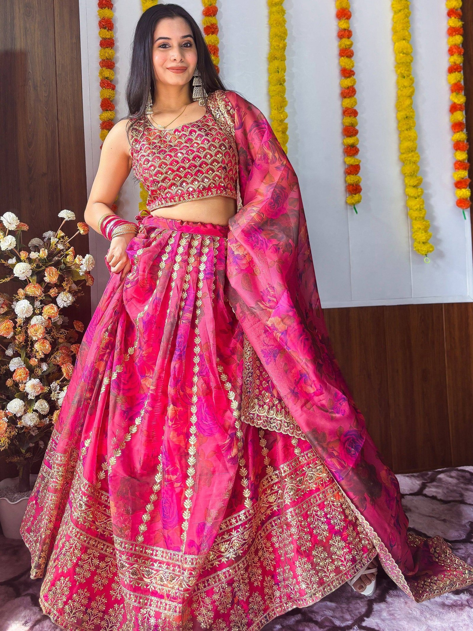 Stunning Pink Floral Printed Organza Bridesmaid Lehenga Choli