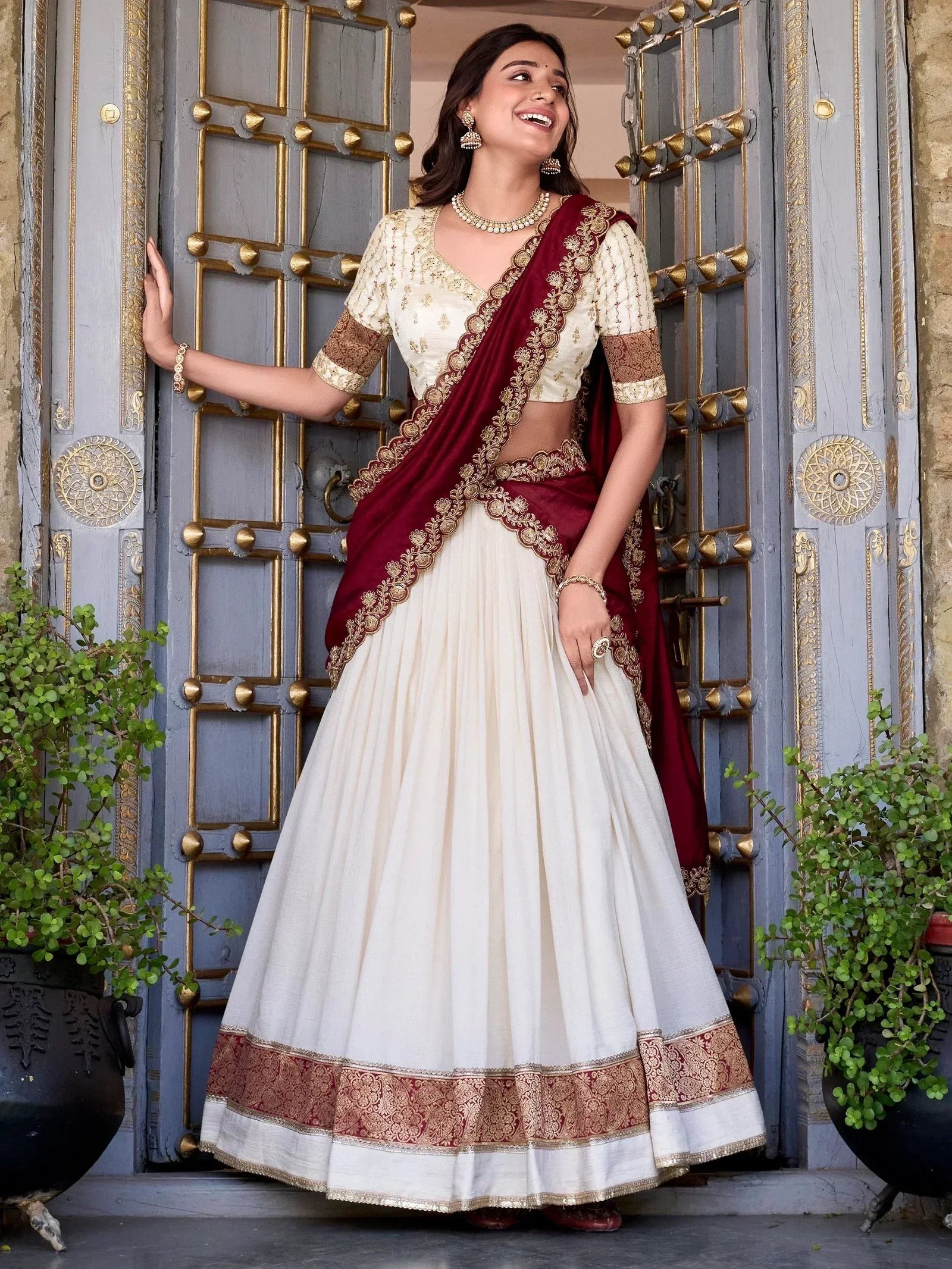 Lovable Off-White Zari Weaving Border Vichitra Silk Half Saree Lehenga